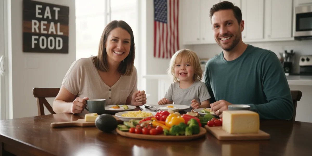 Une famille américaine heureuse (parents et enfant) autour d'une table de petit-déjeuner ou de dîner