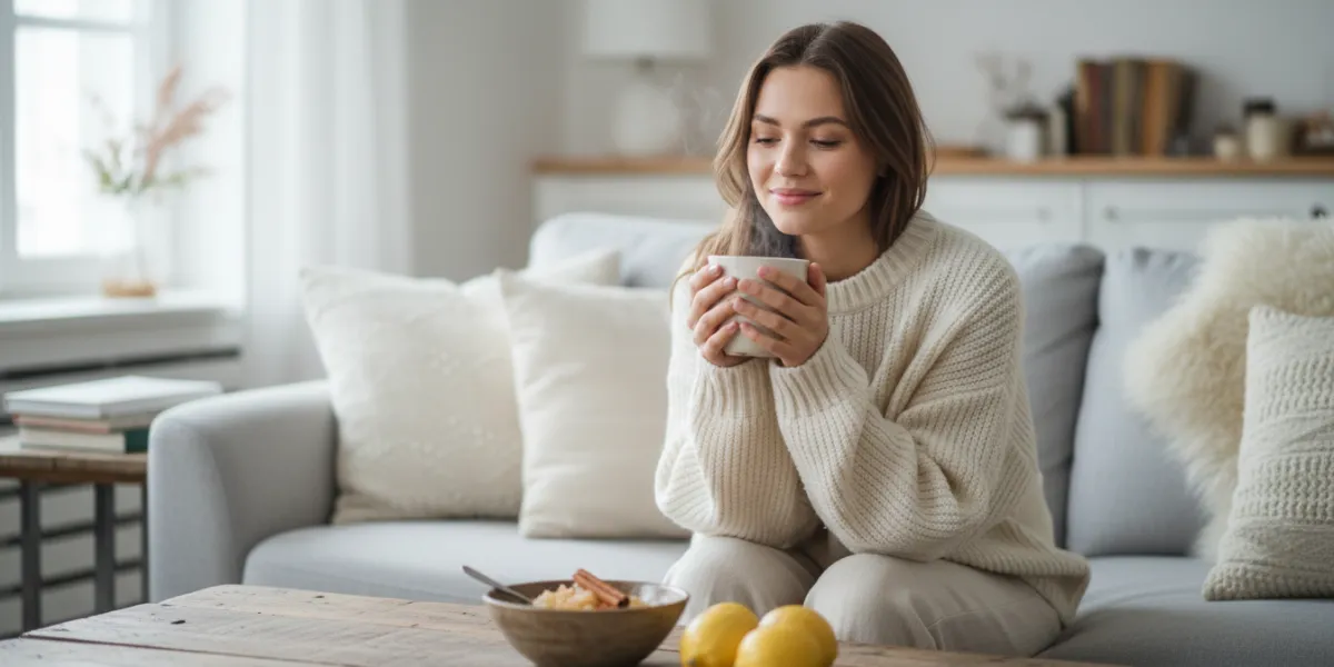 Photo réaliste et chaleureuse d'une jeune femme souriante assise confortablement sur un canapé dans 