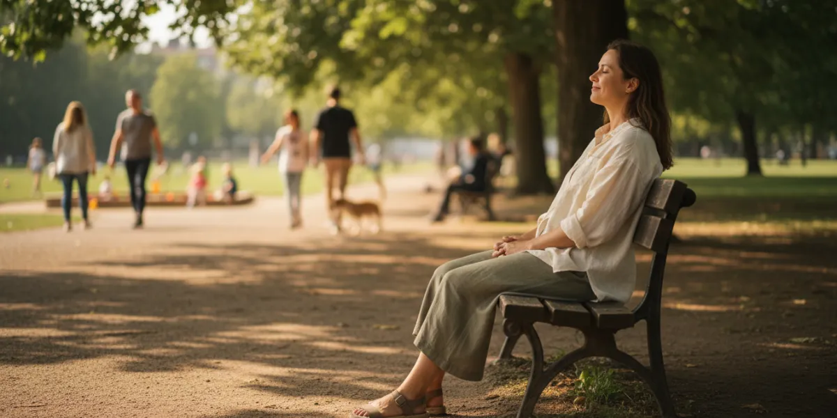 Une femme d'une trentaine d'années est assise, paisible, sur un banc public ensoleillé. Elle est en 