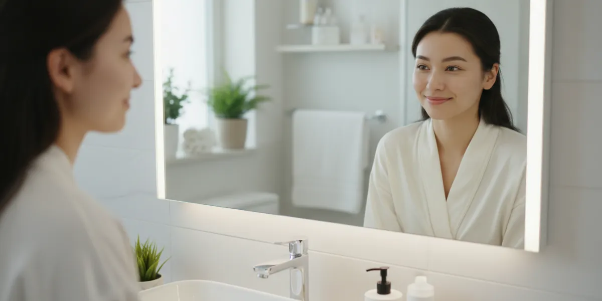 Prompt 1: Une jeune femme adulte souriante et sereine, avec une peau parfaitement nette et apaisée, 