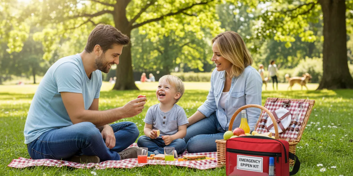 Une scène de vie quotidienne lumineuse et rassurante. Une famille (parents et enfant) fait un pique-