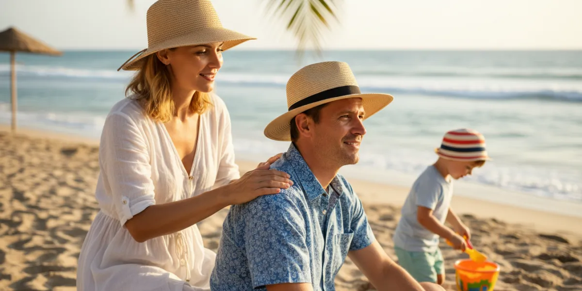 A candid, photorealistic lifestyle shot of a happy family (a couple in their 40s and a child) enjoyi