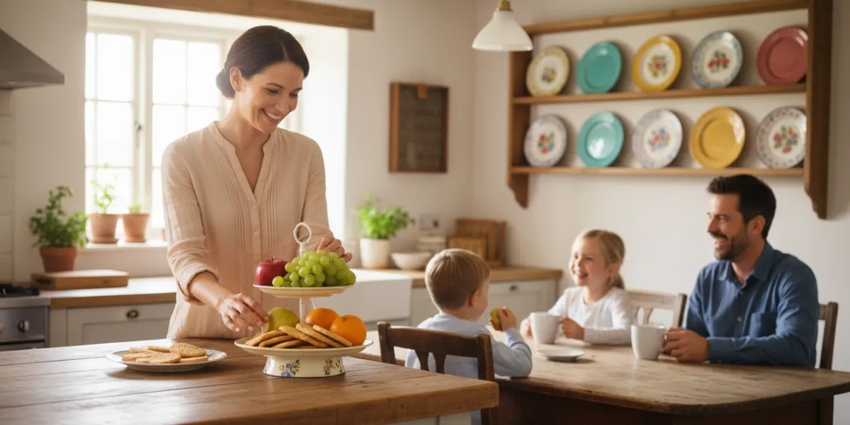Lifestyle photography of a happy family in a bright, rural kitchen during brunch. A smiling mother i