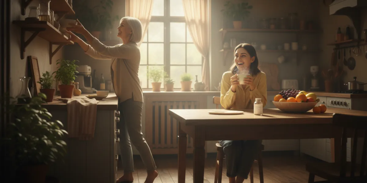 A candid, warm-toned lifestyle photograph of a healthy, happy multigenerational family in a cozy, su