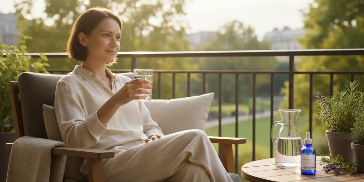 Prompt 2: Une scène de 'lifestyle' apaisante. Un homme ou une femme, assis confortablement sur un ba