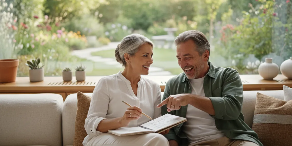 A warm, sunlit scene in a cozy modern living room. A happy couple in their late 50s is sitting toget