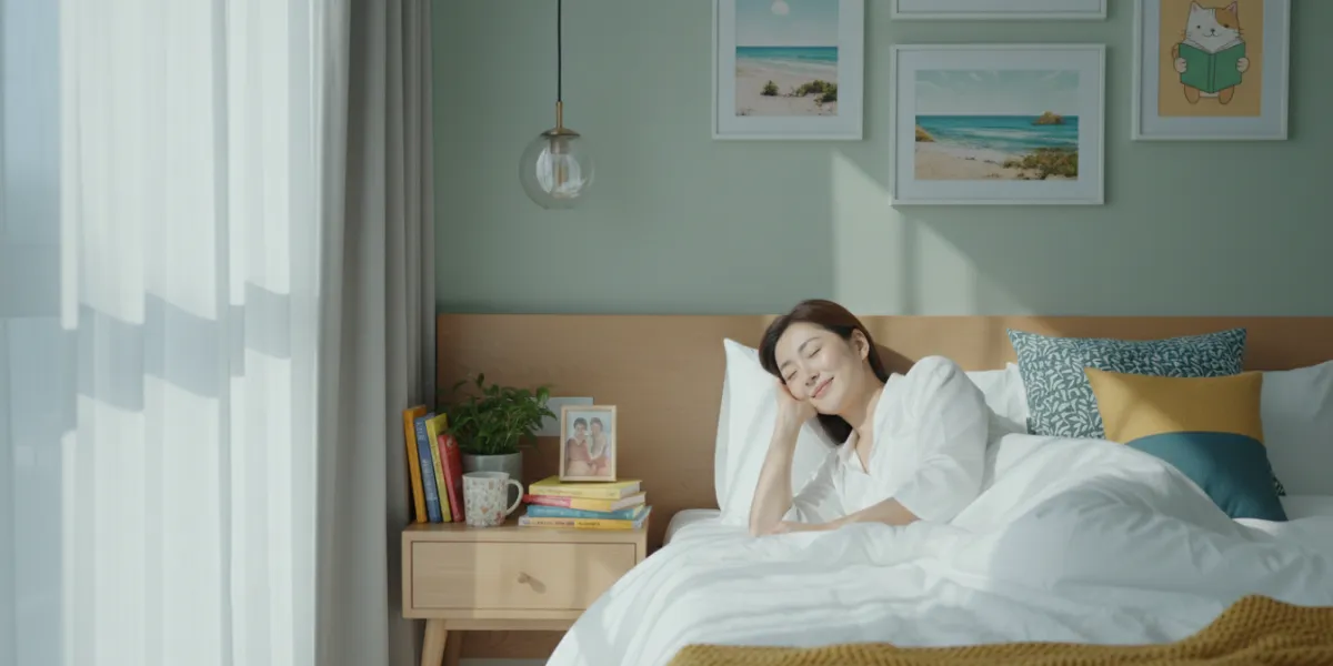 Prompt 1: Une femme, trentenaire, se réveille naturellement après une nuit complète et paisible. Ell