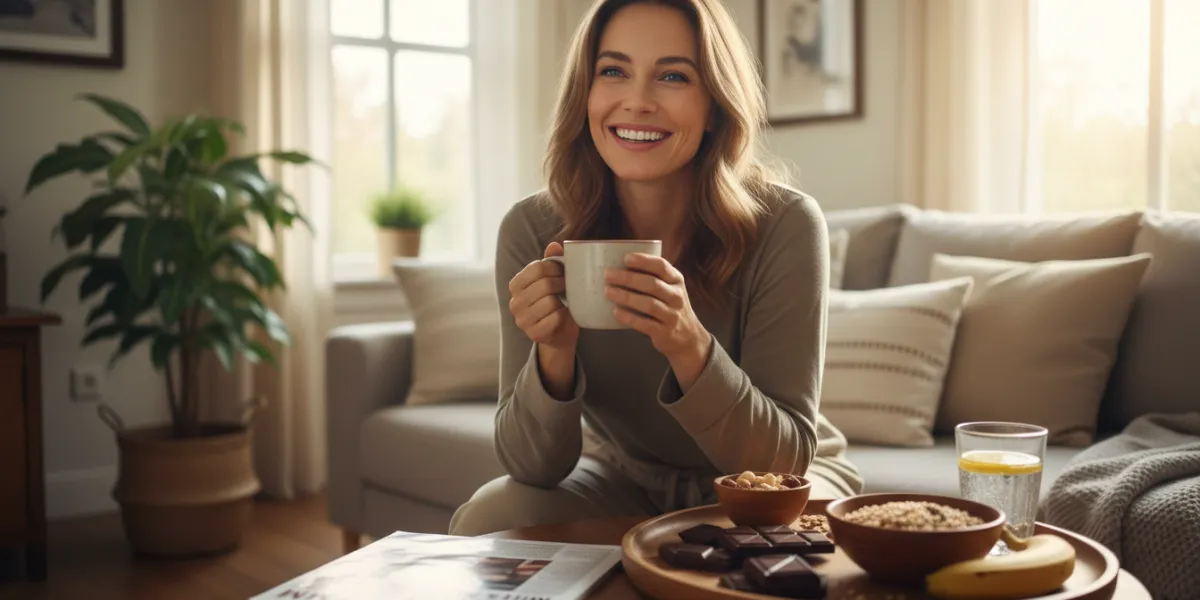 Prompt 2: Une femme souriante et pleine de vitalité savoure un moment de détente dans son salon enso
