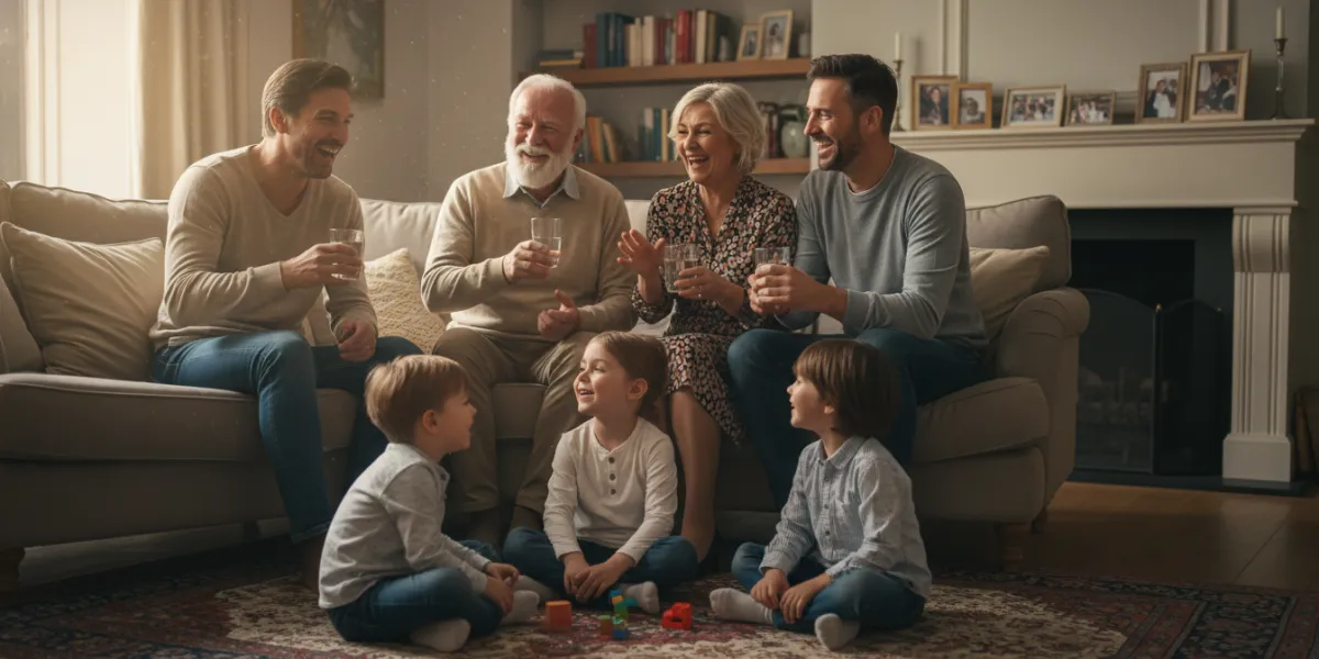 une famille dans un salon, toutes les générations. Les parents et les grand parents ont des verres d