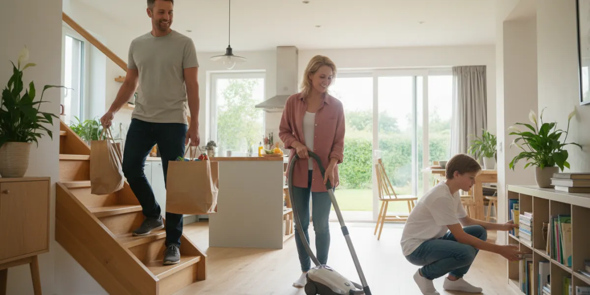 Une scène de vie quotidienne lumineuse et dynamique illustrant l'intégration réussie de l'