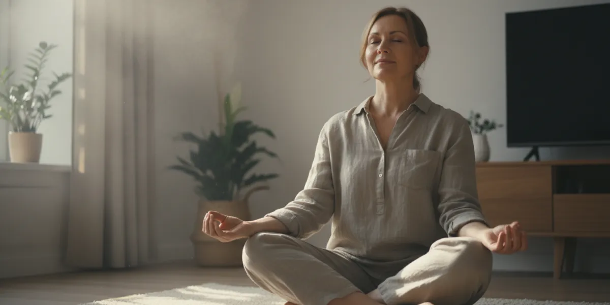 Prompt 2: Un portrait serein d'une personne d'âge mûr, reposée et pleine de vitalité, dans son intér