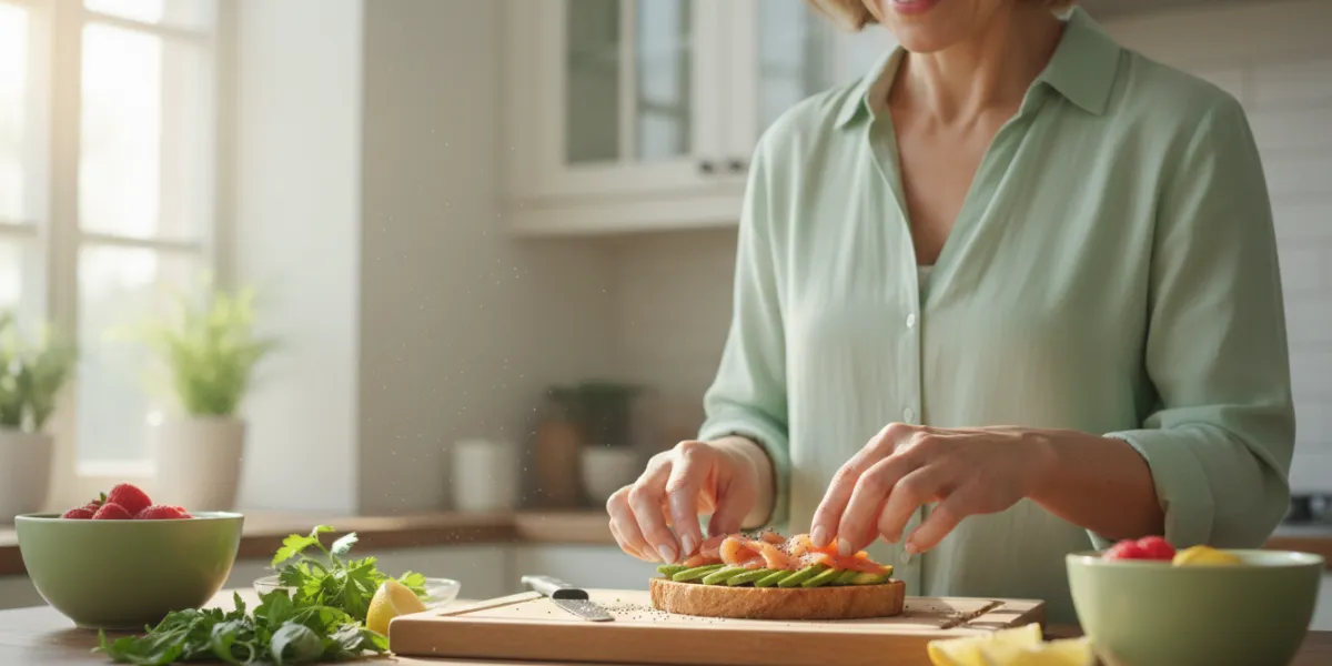 Prompt 1: Une femme souriante, d'âge moyen, dans une cuisine lumineuse, préparant un petit-déjeuner 