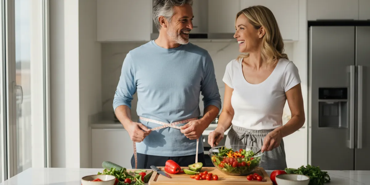 Un couple fringant de cinquantenaires dans une cuisine moderne et lumineuse, préparant une salade co