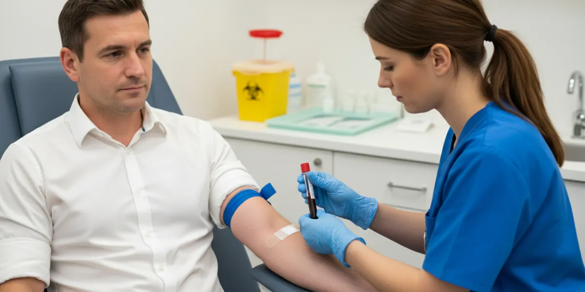 une infirmière fait une prise de sang à un patient de 45 ans. Le patient est habillé d'une chemise b