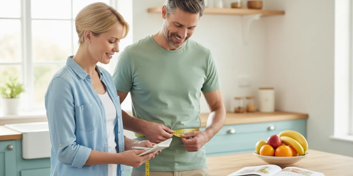 photo réaliste et chaleureuse d'un couple d'une quarantaine d'années dans leur cuisine lumineuse. L'