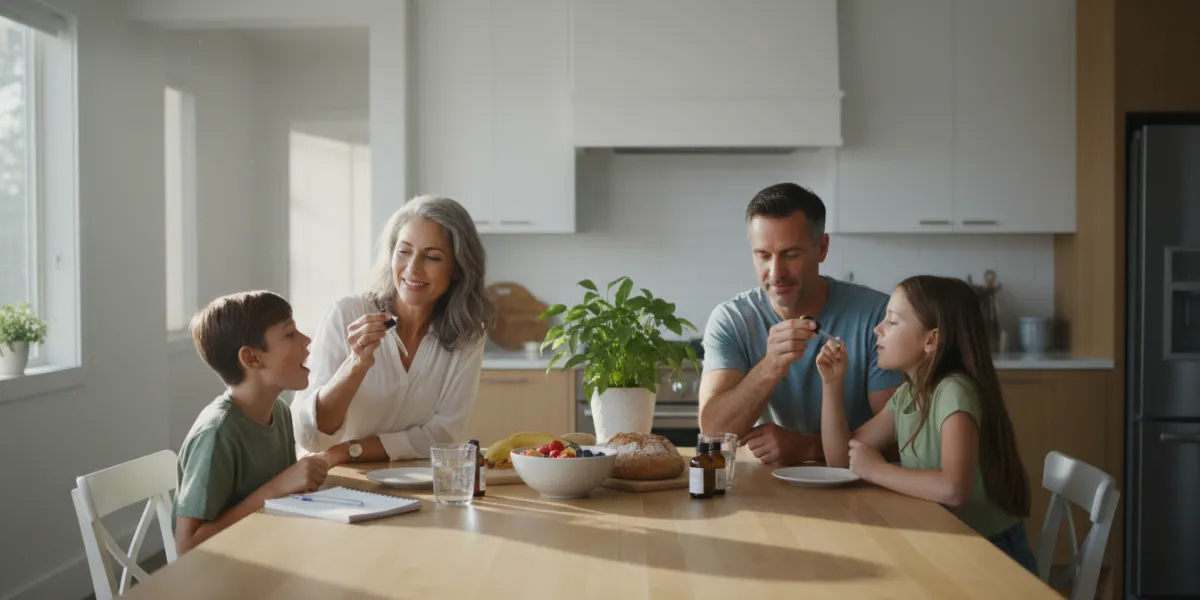 happy family of four at breakfast time in a bright modern kitchen.
Parents around 45–50 years old, t