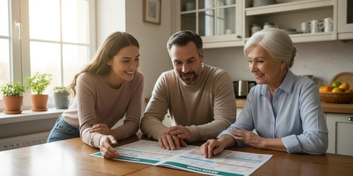 Prompt 1: Une image lumineuse et réaliste montrant trois adultes de générations différentes (une jeu