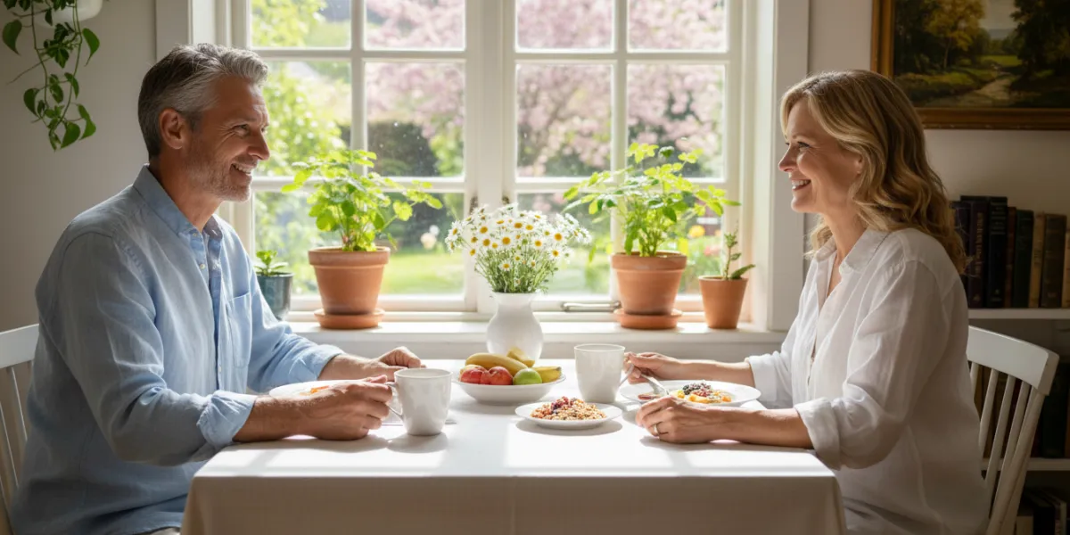 Prompt 1: Une scène de matin lumineux et calme. Un couple d'âge moyen, souriant et visiblement repos