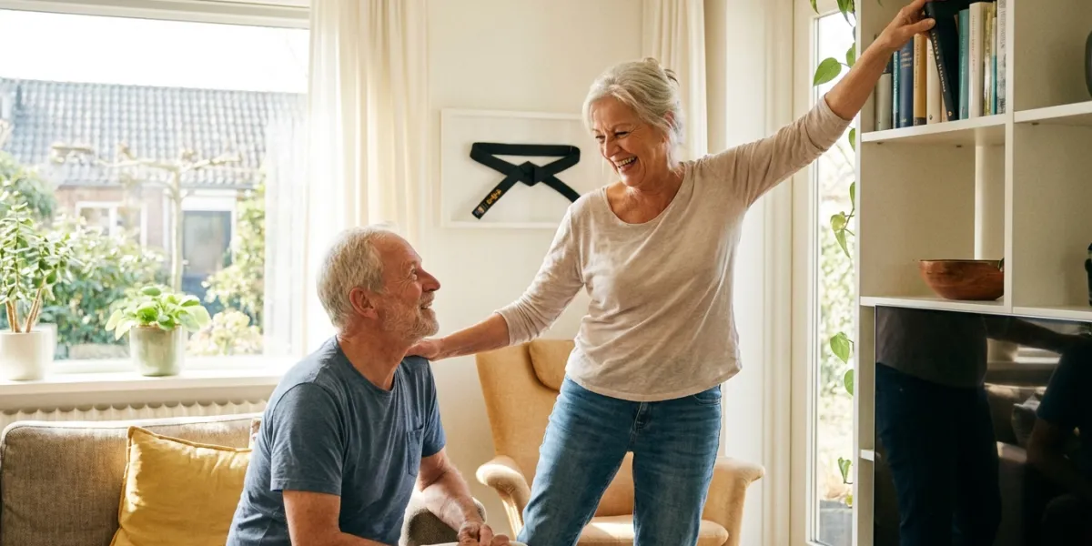 Prompt 2: Un couple de seniors rayonnants partageant un moment de complicité dans leur salon ensolei