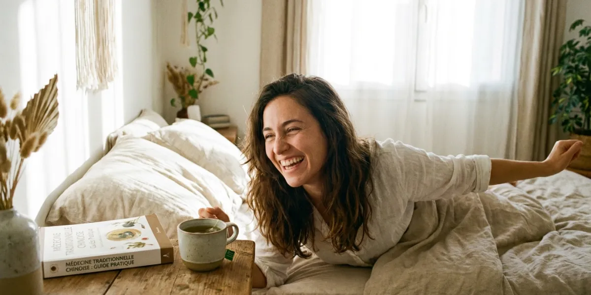 Prompt 1: Une femme rayonnante et pleine d'énergie se réveille avec un grand sourire dans une chambr
