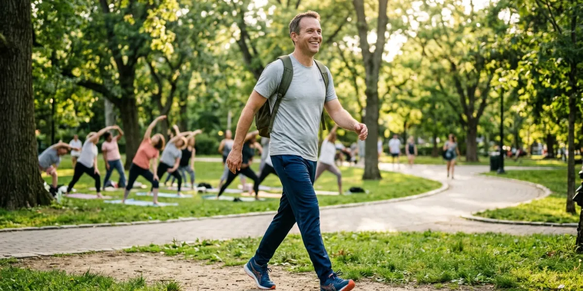 Prompt 1: Une photo réaliste et lumineuse d'un homme d'environ 40 ans marchant d'un pas dynamique et