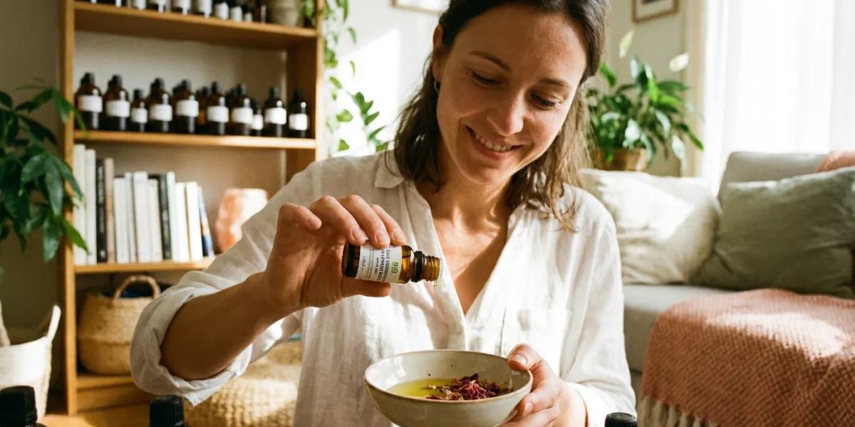 Prompt 1: Une femme sereine et souriante dans son salon chaleureux et lumineux, préparant soigneusem