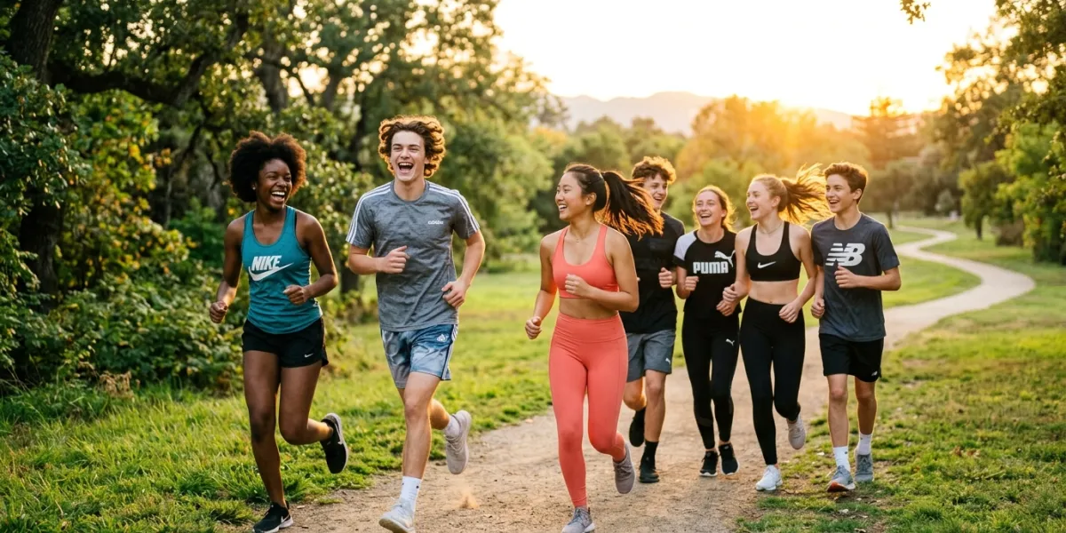 Une photographie de style lifestyle montrant un groupe d'adolescents joyeux et pleins d'énergie en t