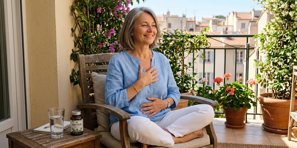 Une femme d'une cinquantaine d'années assise sereinement sur son balcon ensoleillé, pratiquant des e