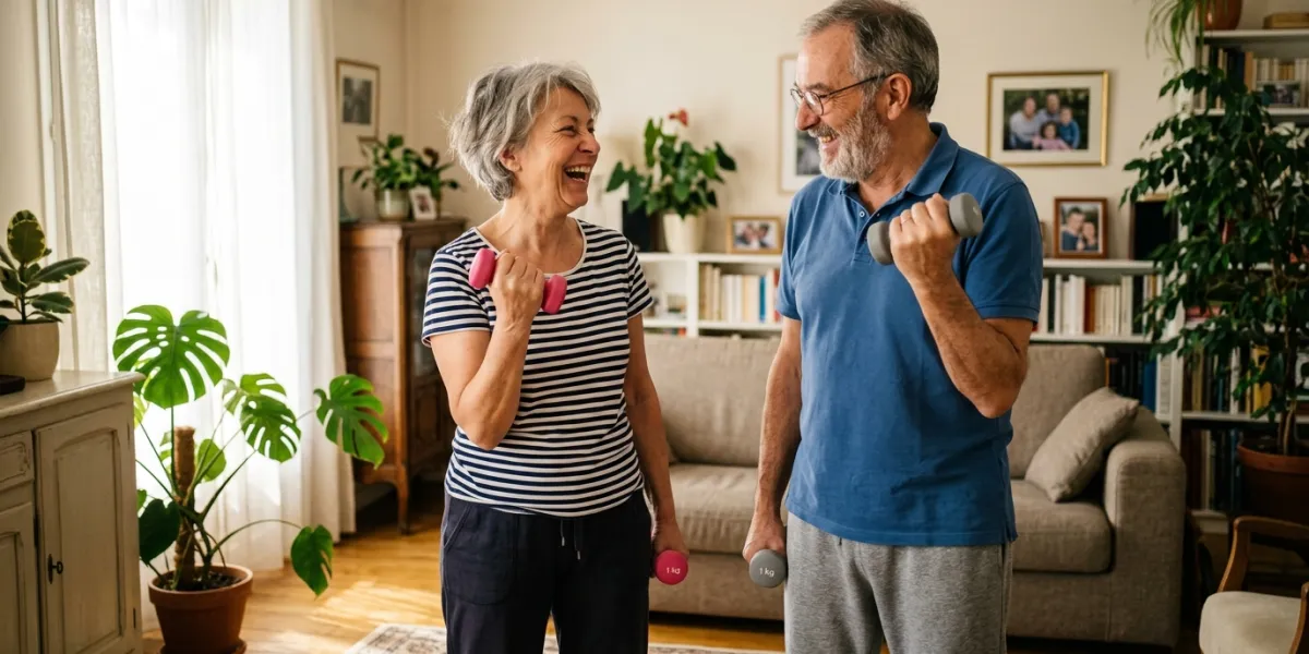 Une photographie réaliste et chaleureuse d'un couple de soixante ans dans un salon baigné  de lumièr