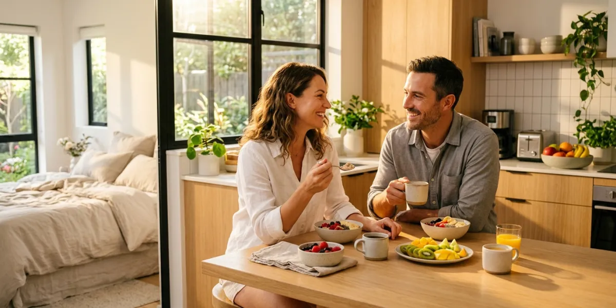 A happy couple in a bright, sun-drenched modern kitchen at 8 AM, looking refreshed and radiant after