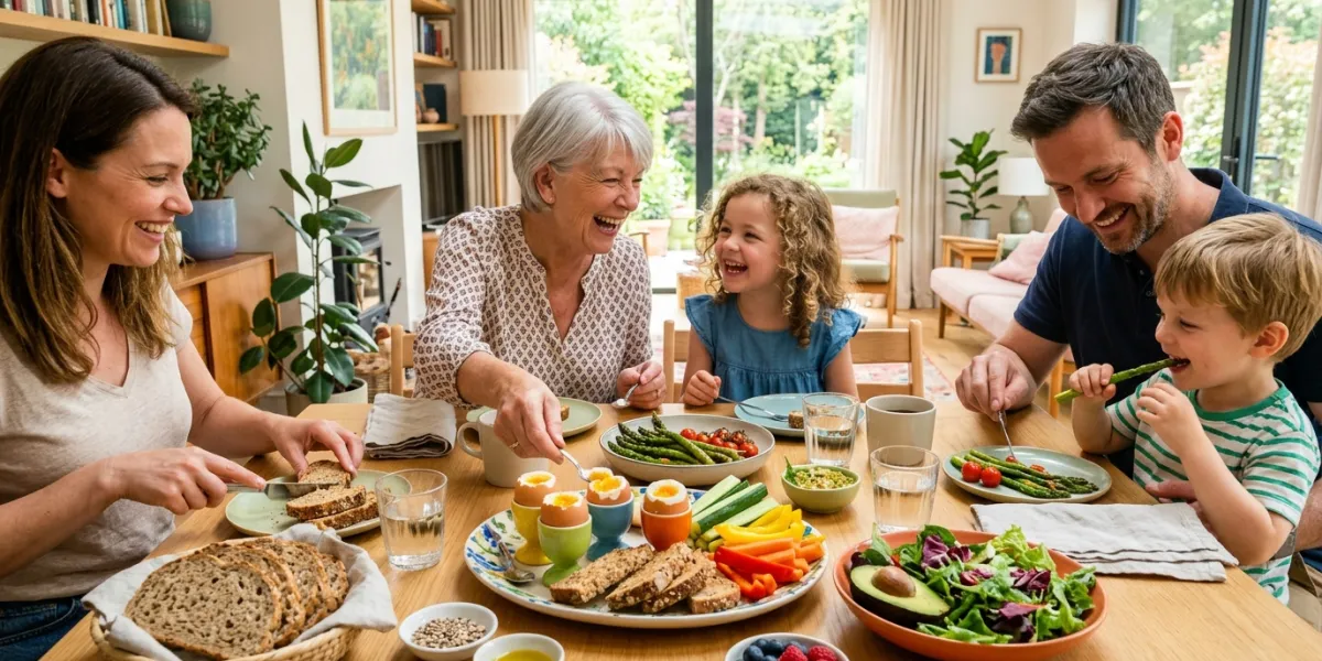 A cheerful multi-generational family sharing a sunny brunch in a modern dining room, centered around