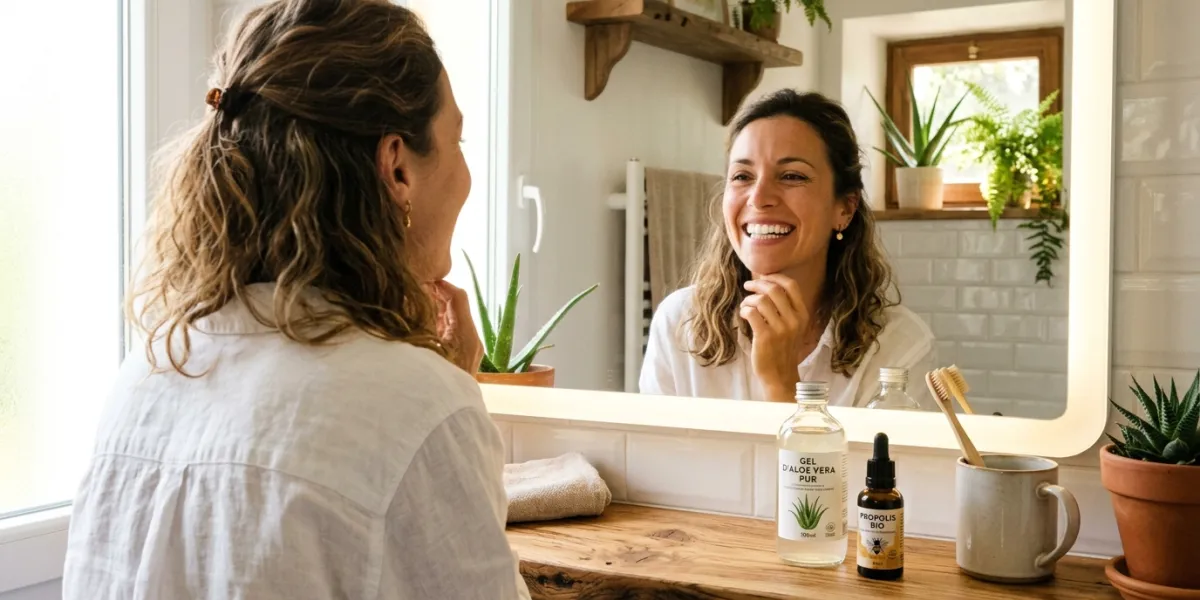 Une femme rayonnante sourit devant le miroir de sa salle de bain ensoleillée, montrant des dents sai