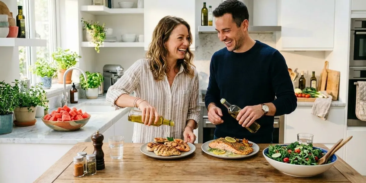 A cheerful couple in a bright, modern kitchen preparing a balanced meal together. On the wooden tabl