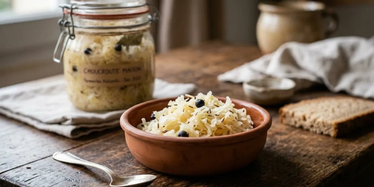 Gros plan sur un bocal de choucroute.

Modifications: le bocal en arrière plan et l'assiette devant