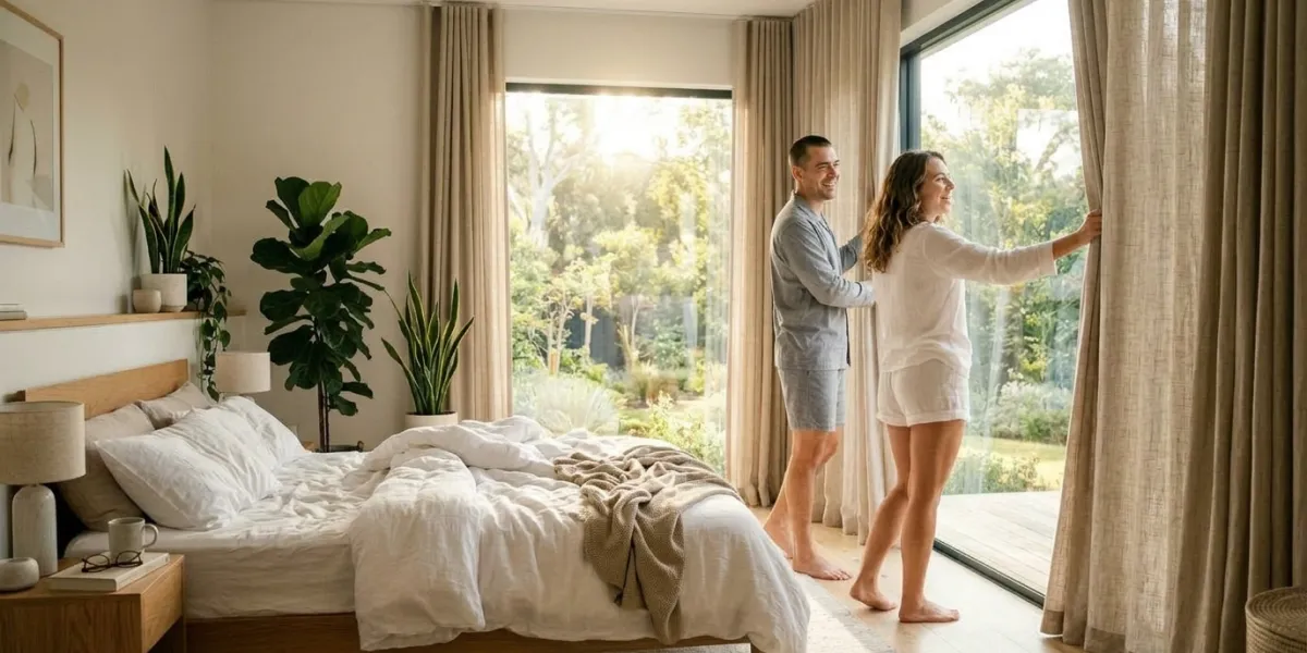 Une scène matinale vibrante montrant un homme et une femme se réveillant avec enthousiasme dans une 