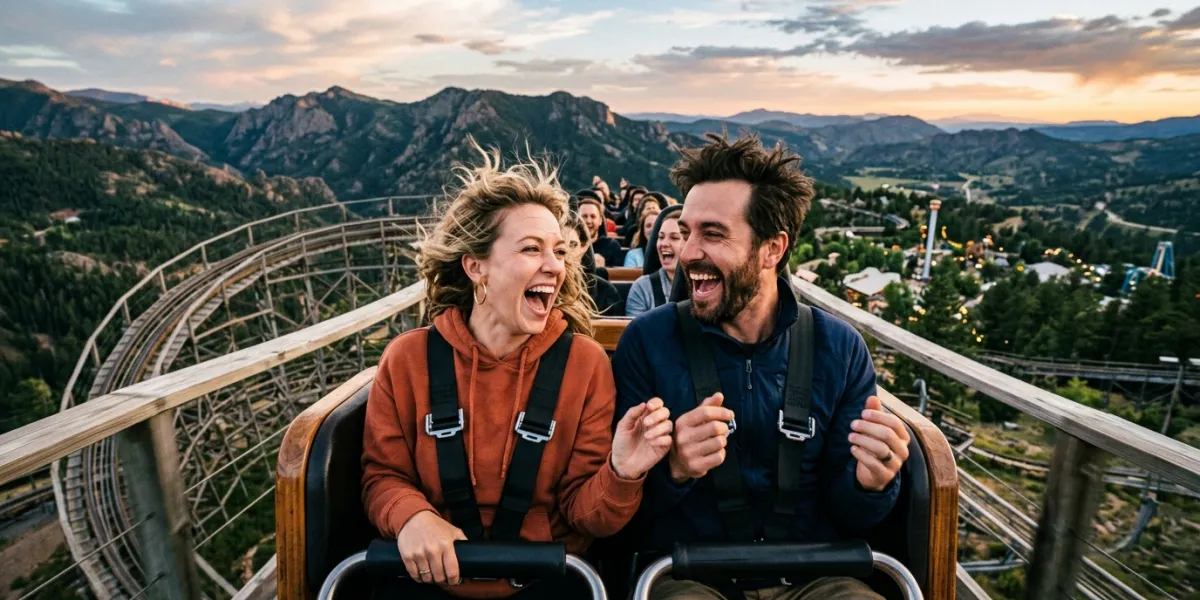Un couple radieux et complice dans la trentaine, il sont assis dans les montagnes russes et ils crie
