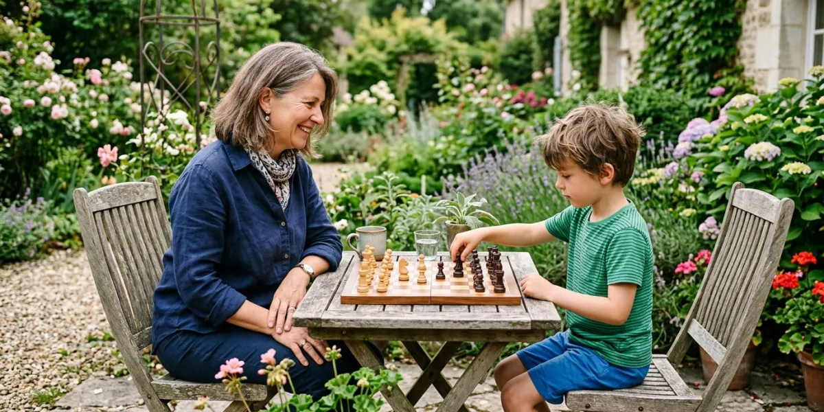 une femme de 50 ans en train de jouer aux échecs avec un enfant dans un jardin