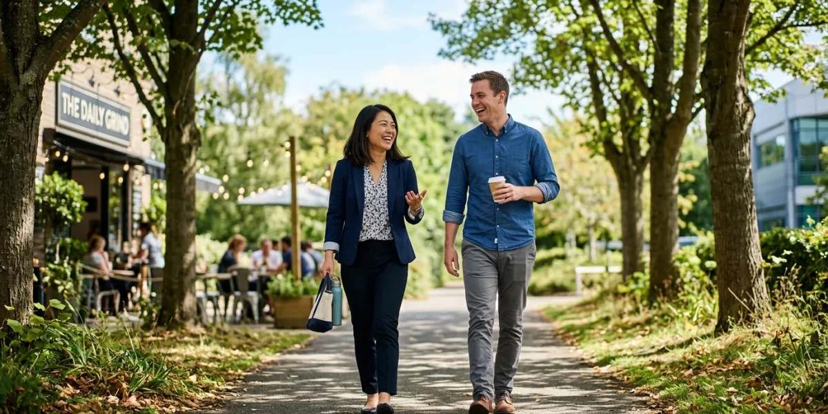 Two office colleagues, a man and a woman, walking and laughing along a tree-lined path near their wo