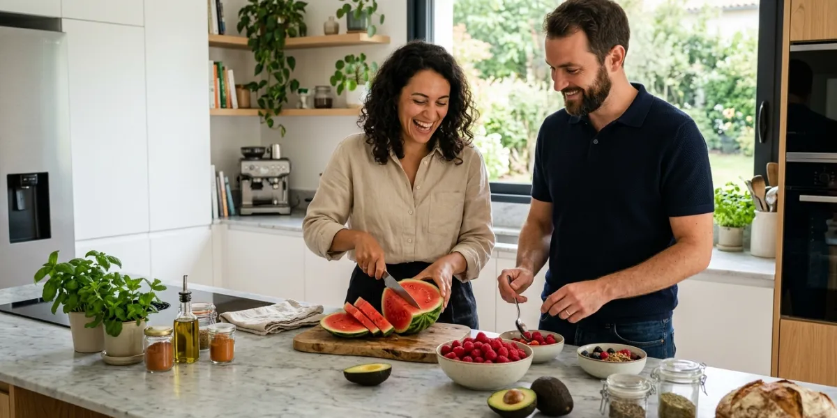 Une scène de vie quotidienne lumineuse dans une cuisine moderne de 2026, où un couple souriant prépa