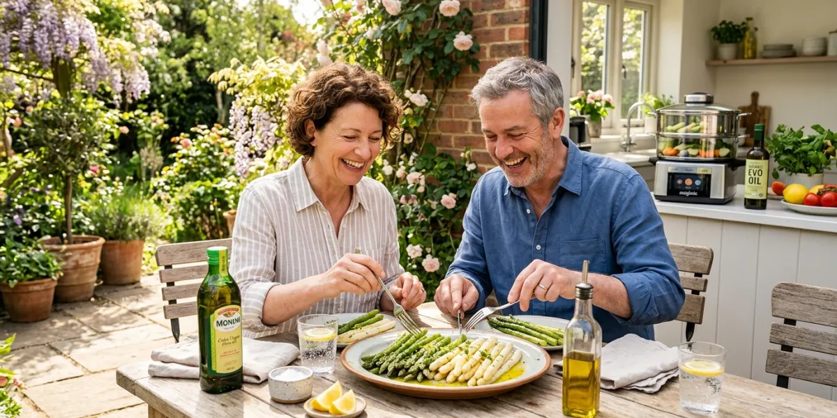 A cheerful middle-aged couple enjoying a bright spring lunch on a sunlit garden terrace. They are sh