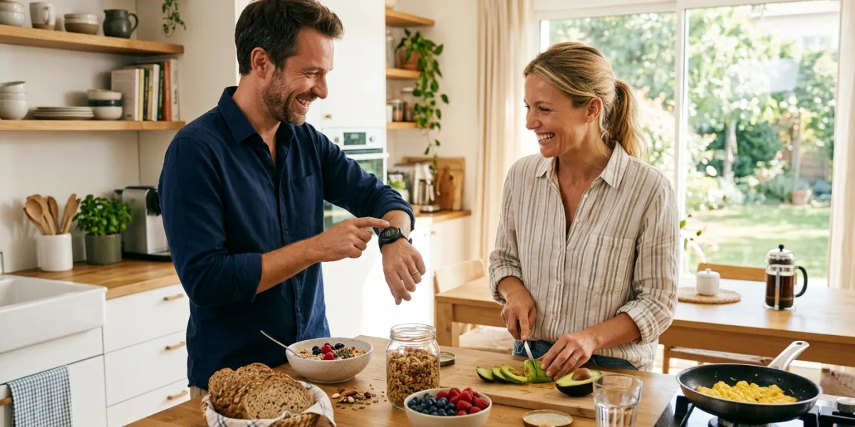 Un couple radieux dans une cuisine baignée par la lumière douce du matin, préparant joyeusement un p
