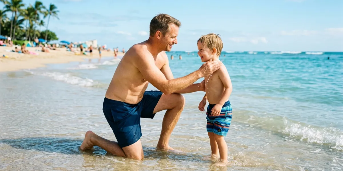 A heartwarming outdoor scene at a sunny beach where a happy father and his young son are preparing t