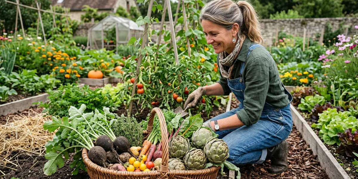 une femme de 40 ans dans son potager, en premier plan on voit son panier dans lequel il y a une réco