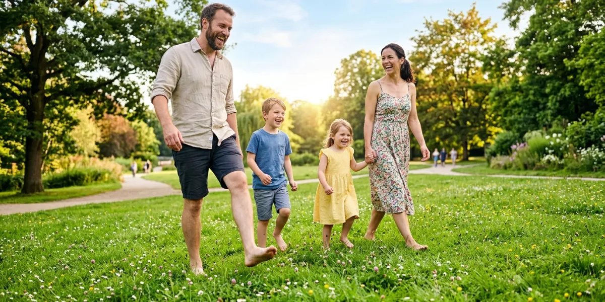 Une famille rayonnante de bonheur marchant pieds nus sur une pelouse d'un vert éclatant dans un parc