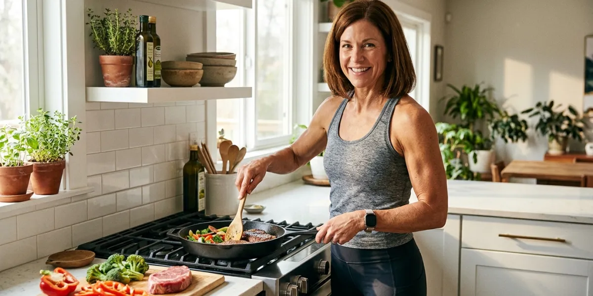 A vibrant and healthy middle-aged woman in a sun-drenched modern kitchen, smiling warmly while prepa