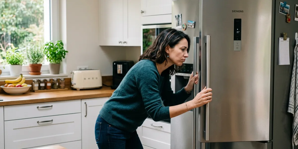 Une femme de 40 ans penché sur son réfrigérateur dans une cuisine moderne. Elle ouvre la porte. On n
