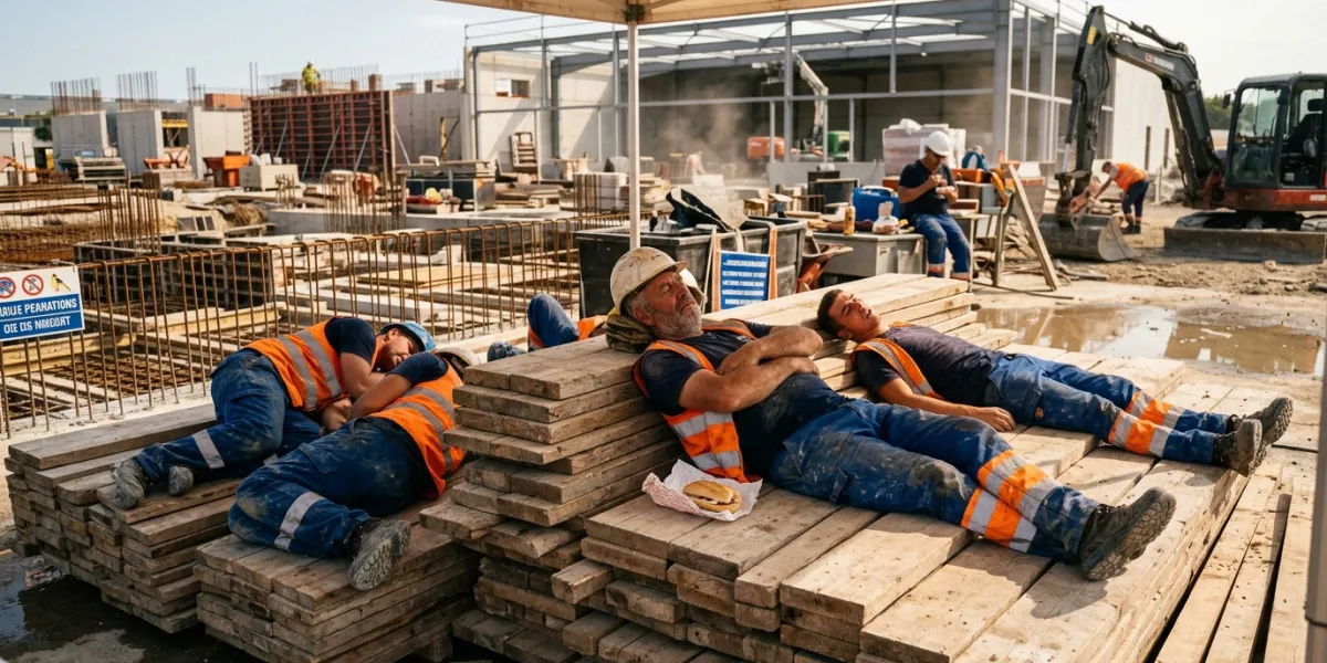 Sur un chantier de construction, des ouvriers sont en train de faire la sieste, couchés sur des plan