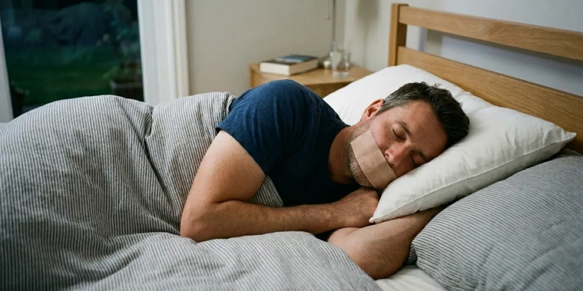 Un homme de quarante an endormi sur le côté dans son lit. Il porte sur la bouche un sparadrap de typ