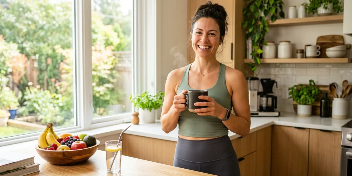 A cheerful, fit woman in a sunlit modern kitchen, smiling contentedly while holding a steaming mug o