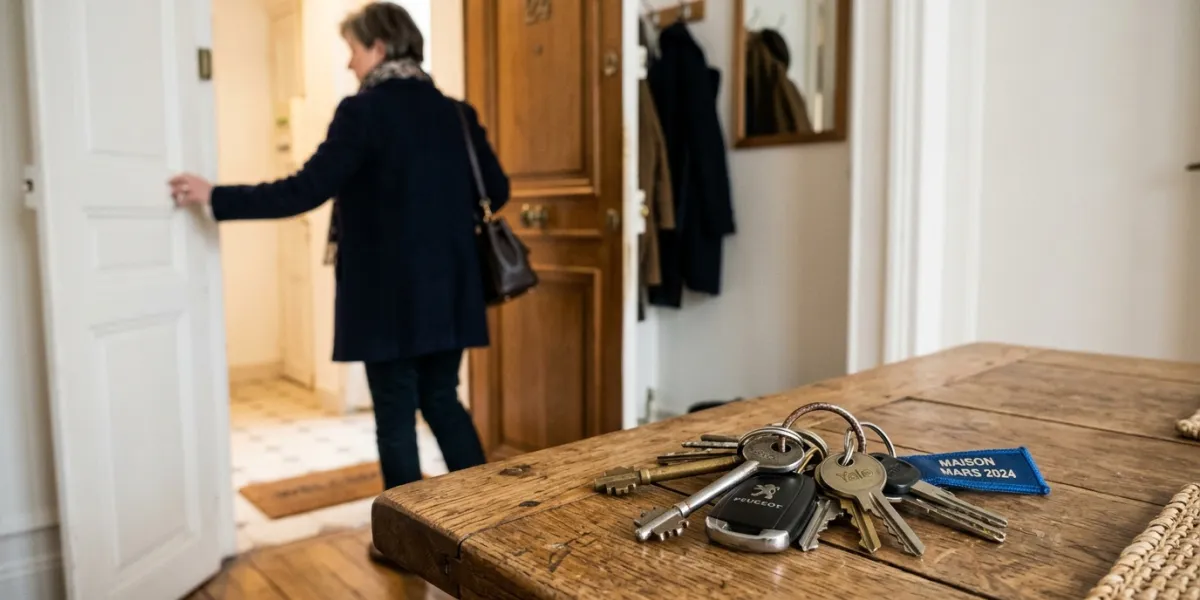 gros plan sur un trousseau de clés posé sur une table. En flou et à l'arrière plan, on voit une pers